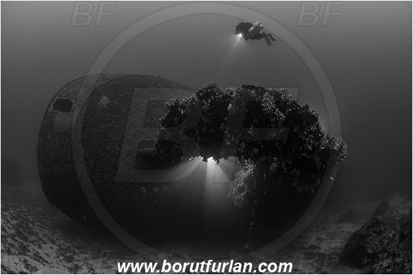 Island Vis, Croatia, Adriatic sea, Mediterranean sea, Wreck Brioni, Wreck, Brioni, Stern, Diver, black&white