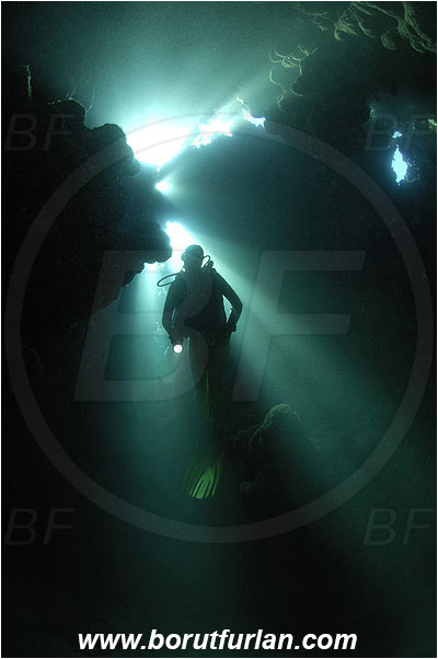 Sharm Abu Dabab, Marsa Alam, Egypt, Red sea, Cave, Reef, Light rays, Diver