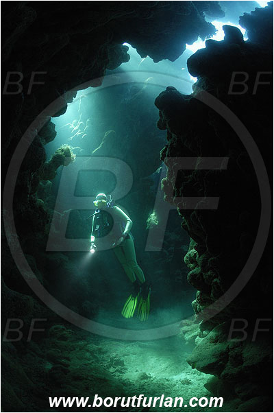 Sharm Abu Dabab, Marsa Alam, Egypt, Red sea, Cave, Reef, Light rays, Diver