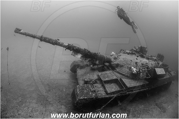 Aqaba, Jordan, Red sea, Wreck, Tank wreck, Tank, Chieftain tank (Khalid), Diver, Black&white