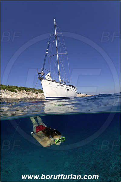Island Susac, Croatia, Adriatic sea, Mediterranean sea, Reef, Split-shot, Over-under, Snorkeling, Breath-hold diving, Apnea, Girl, Swimming suit, Sailing boat, Boat