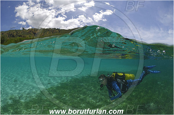 Pantar, Alor, Indonesia, Shallow, Sandy bottom, Sand, Sea grass, Split-shot, Over-under, Diver, Surface