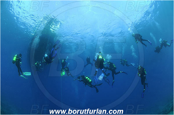 Kas, Turkey, Mediterranean sea, Diver, Divers, Group of divers, Safety stop, Boat, Diving boat