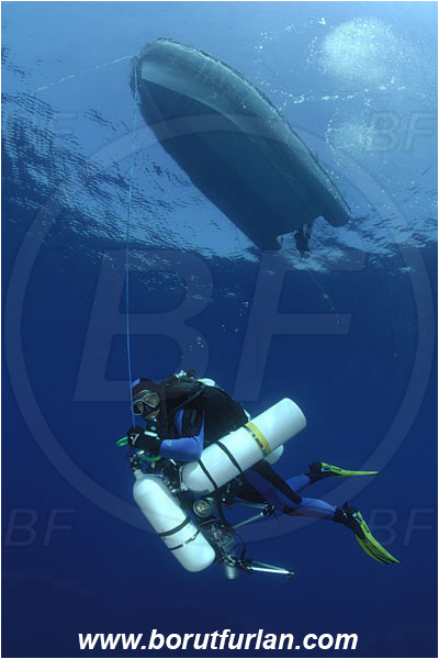 Island Vis, Croatia, Adriatic sea, Mediterranean sea, Diver, Underwater photographer, Technical diver, Technical diving, Deco stop, Decompression, Boat, Diving boat