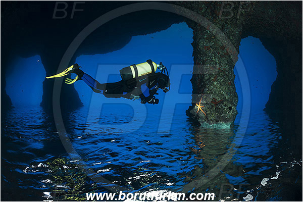 Island Vis, Croatia, Adriatic sea, Mediterranean sea, Reef, Cave, Pillar, Rocks, Diver, Upside down