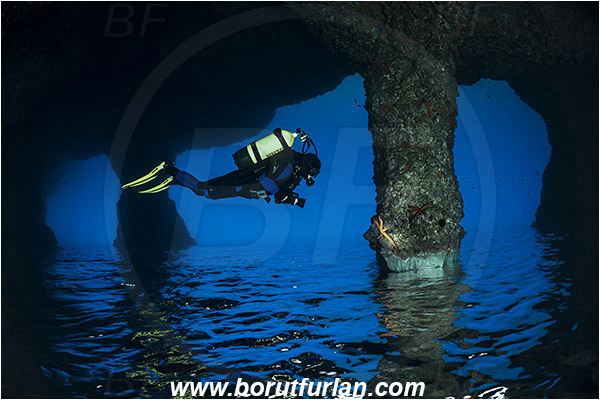 Island Vis, Croatia, Adriatic sea, Mediterranean sea, Reef, Cave, Pillar, Rocks, Diver, Upside down