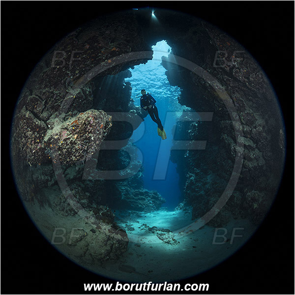 Ras Muhammad, Sinai, Egypt, Red sea, Reef, Cave, Light ray, Diver, Circular image, Circular Fisheye lens