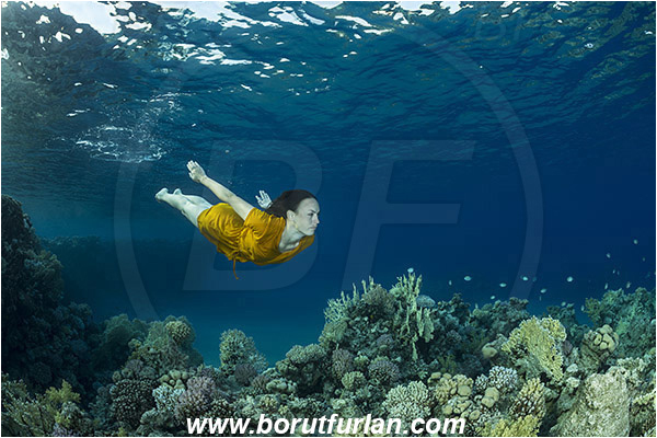 Marsa Bareika, Sinai, Egypt, Red sea, Reef, Snorkeling, Breath-hold diving, Apnea, Girl, Orange dress, Underwater fashion, Fashion