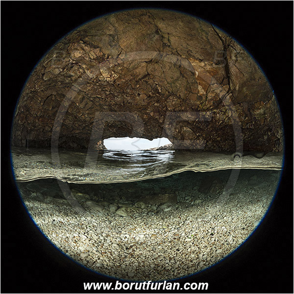 Island Susac, Croatia, Adriatic Sea, Mediterranean sea, Cave, Split-shot, Over-under, Circular image, Circular Fisheye lens