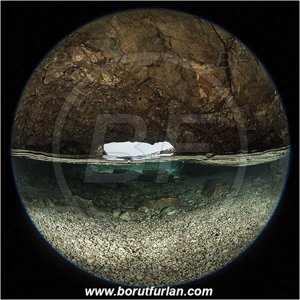 Island Susac, Croatia, Adriatic Sea, Mediterranean sea, Cave, Split-shot, Over-under, Circular image, Circular Fisheye lens