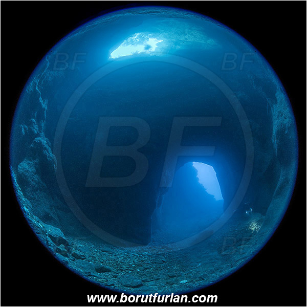 Island Susac, Croatia, Adriatic Sea, Mediterranean sea, Cave, Circular image, Circular Fisheye lens, Diver