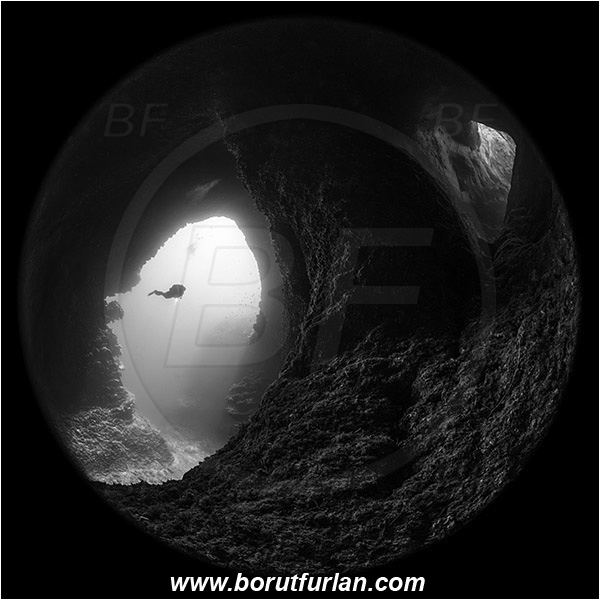 Island Susac, Croatia, Adriatic Sea, Mediterranean sea, Cave, Circular image, Circular Fisheye lens, Diver, Black&white
