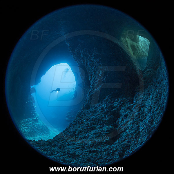 Island Susac, Croatia, Adriatic Sea, Mediterranean sea, Cave, Circular image, Circular Fisheye lens, Diver