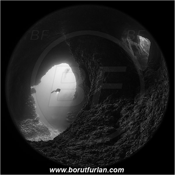 Island Susac, Croatia, Adriatic Sea, Mediterranean sea, Cave, Circular image, Circular Fisheye lens, Diver, Black&white