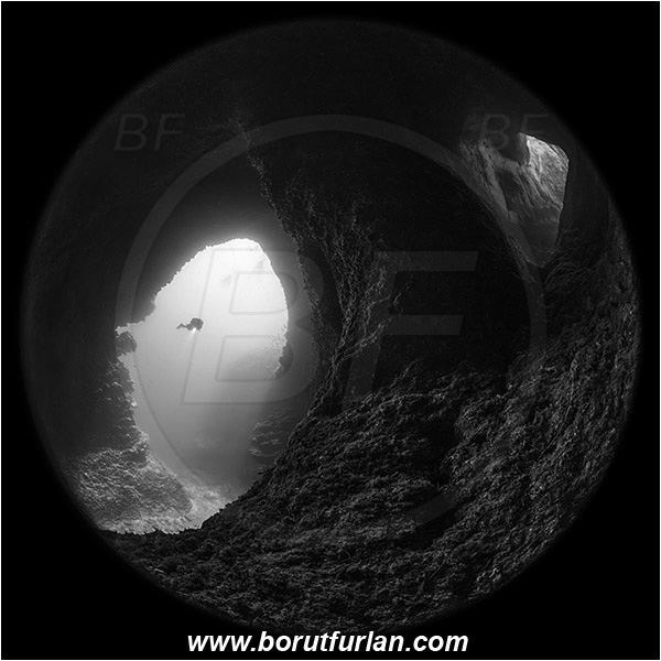 Island Susac, Croatia, Adriatic Sea, Mediterranean sea, Cave, Circular image, Circular Fisheye lens, Diver, Black&white