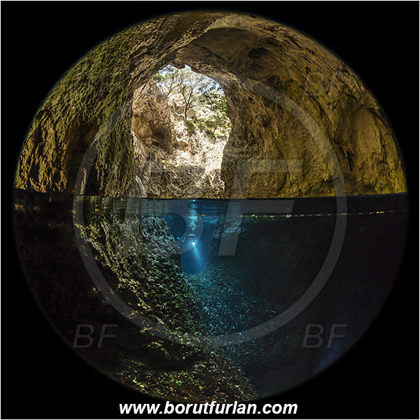 Island Susac, Croatia, Adriatic Sea, Mediterranean sea, Cave, Sea lake, Circular image, Circular Fisheye lens, Diver, Split-shot, Over-under