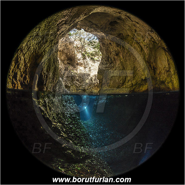 Island Susac, Croatia, Adriatic Sea, Mediterranean sea, Cave, Sea lake, Circular image, Circular Fisheye lens, Diver, Split-shot, Over-under