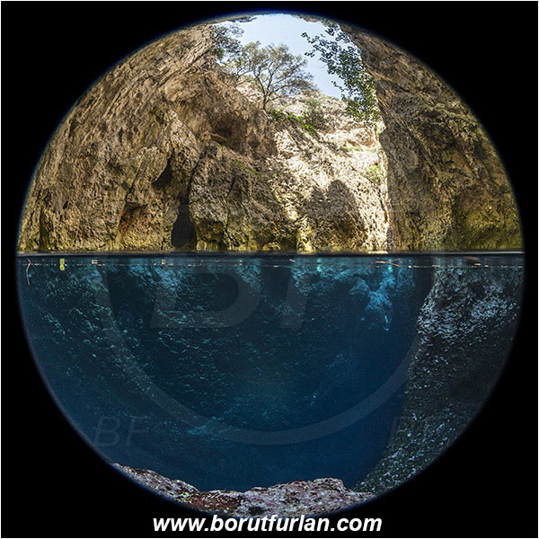 Island Susac, Croatia, Adriatic Sea, Mediterranean sea, Cave, Sea lake, Circular image, Circular Fisheye lens, Split-shot, Over-under