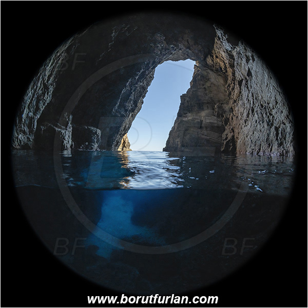 Island Bisevo, Croatia, Adriatic sea, Mediterranean sea, Reef, Cave, Medvidina cave, Canyon, Circular image, Circular Fisheye lens, Split-shot, Over-under