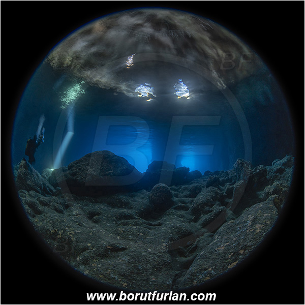 Island Vis, Croatia, Adriatic sea, Mediterranean sea, Reef, Cave, Green cave, Light ray, Circular image, Circular Fisheye lens, Diver, Underwater photographer