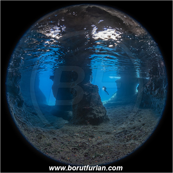 Island Vis, Croatia, Adriatic sea, Mediterranean sea, Reef, Cave, Pillar, Rocks, Circular image, Circular Fisheye lens, Diver