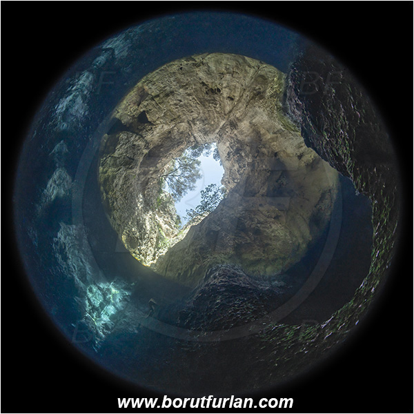 Island Susac, Croatia, Adriatic Sea, Mediterranean sea, Cave, Circular image, Circular Fisheye lens, Sea lake, Tree, Trees, Reflection, Snell window
