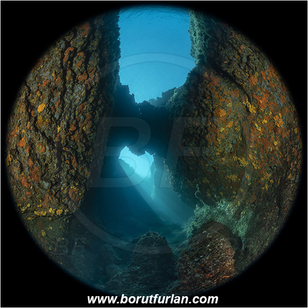 Island Susac, Croatia, Adriatic Sea, Mediterranean sea, Cave, Circular image, Circular Fisheye lens, Bridge, Sea lake, Light rays