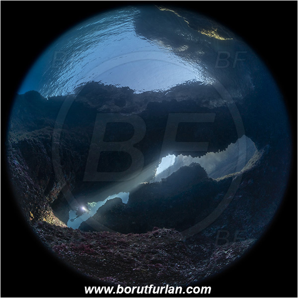 Island Susac, Croatia, Adriatic Sea, Mediterranean sea, Cave, Circular image, Circular Fisheye lens, Bridge, Sea lake, Diver