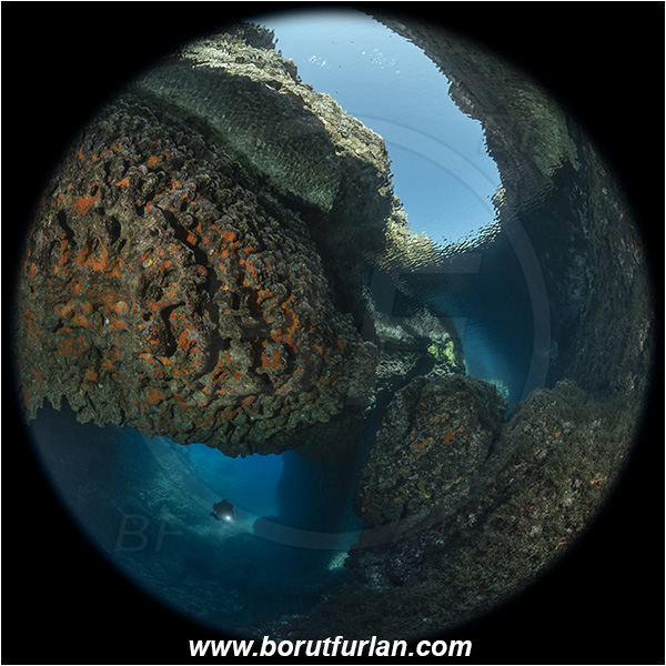 Island Susac, Croatia, Adriatic Sea, Mediterranean sea, Cave, Circular image, Circular Fisheye lens, Bridge, Sea lake, Diver