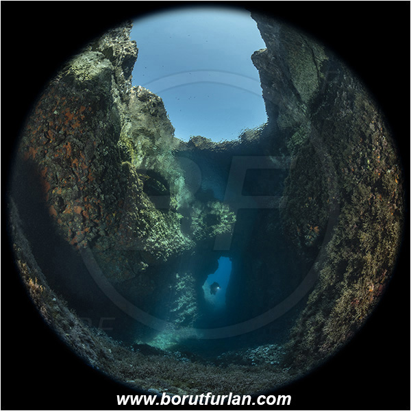 Island Susac, Croatia, Adriatic Sea, Mediterranean sea, Cave, Circular image, Circular Fisheye lens, Bridge, Diver, Sea lake