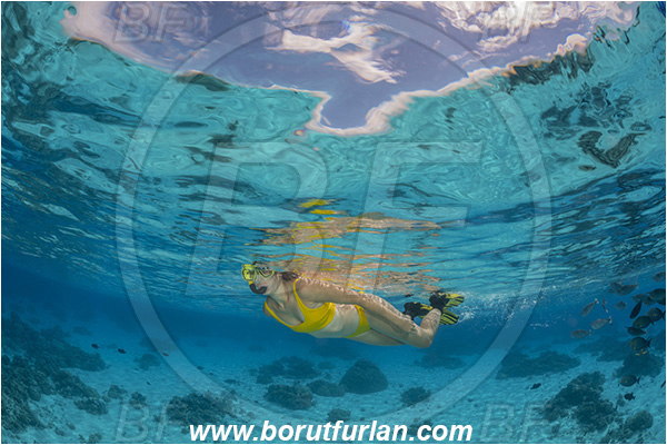 French Polynesia, Tuamotu Archipelago, Fakarava atoll, Pacific ocean, Reef, Snorkeling, Breath-hold diving, Apnea, Girl, Swimming suit
