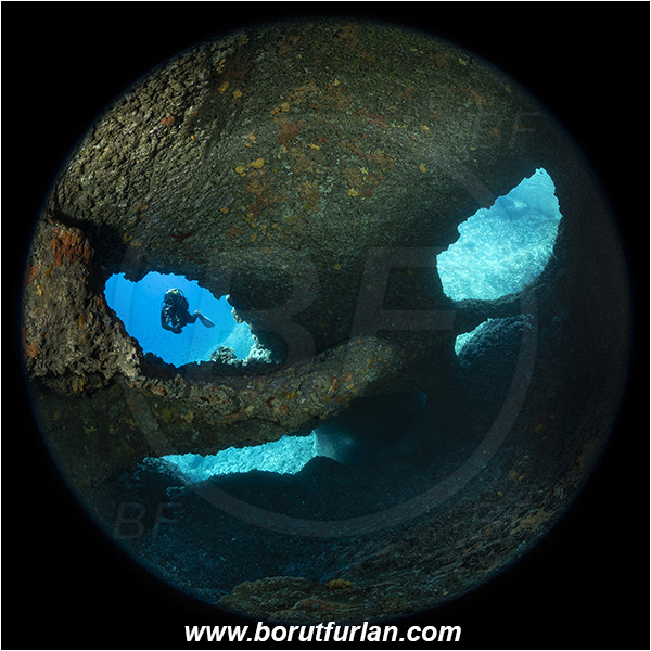 Island Vis, Croatia, Adriatic sea, Mediterranean sea, Reef, Cave, Diver, Circular image, Circular Fisheye lens