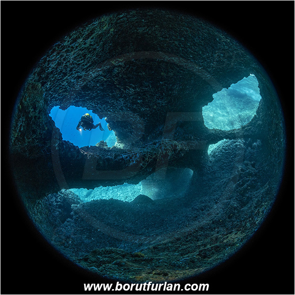 Island Vis, Croatia, Adriatic sea, Mediterranean sea, Reef, Cave, Diver, Circular image, Circular Fisheye lens