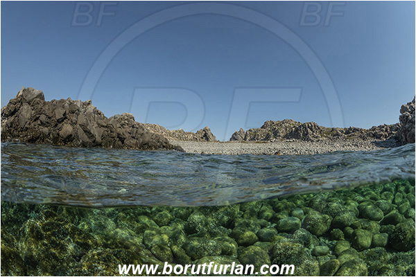 Island Brusnik, Croatia, Adriatic sea, Mediterranean sea, Reef, Split-shot, Over-under, Rocks, Beach, Stones